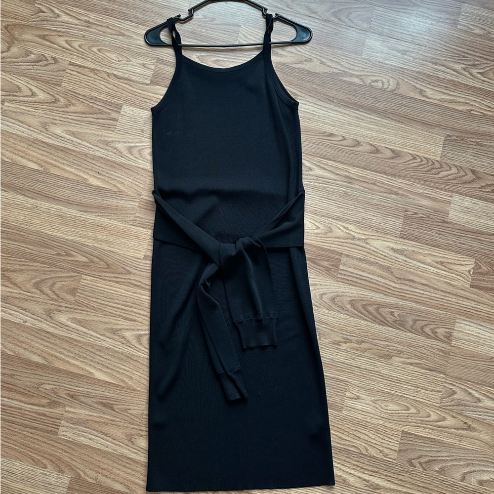 Helmut Lang Black Ribbed Midi Dress with Tie Waist Small
